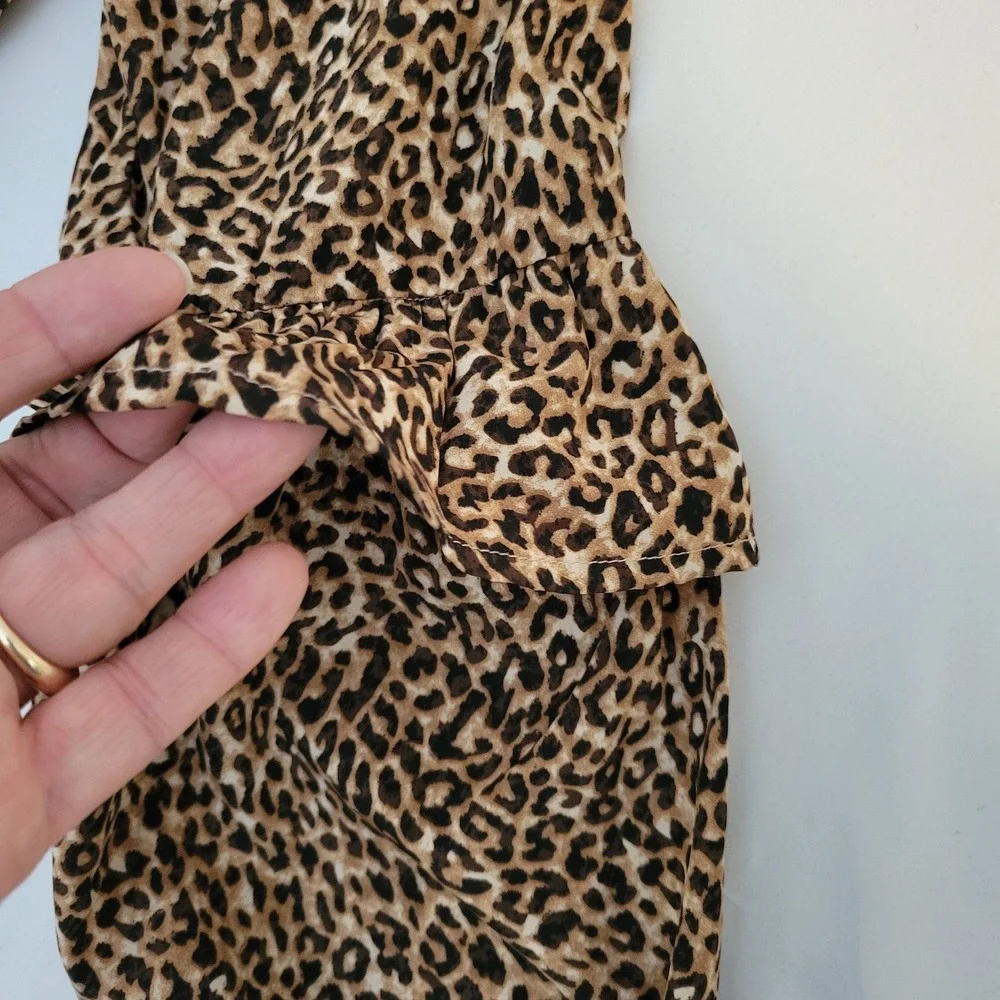 Leopard Animal Print Dress Womens Large Brown Ruffle Tiered‎ Sleeve 90s Mob Wife